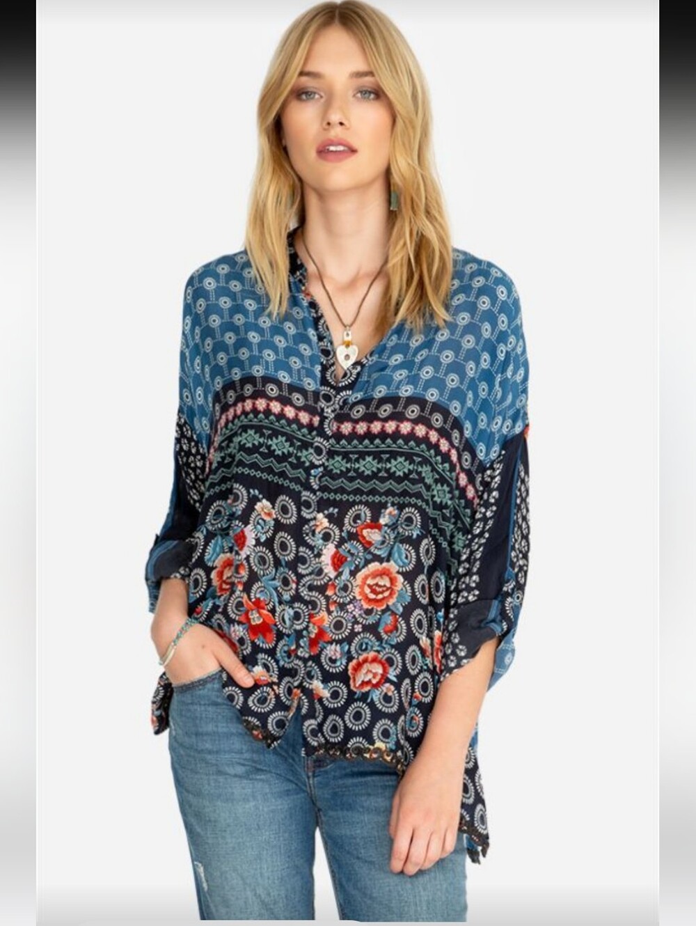 Johnny Was Blue Multi Floral Print V-Neck Blouse